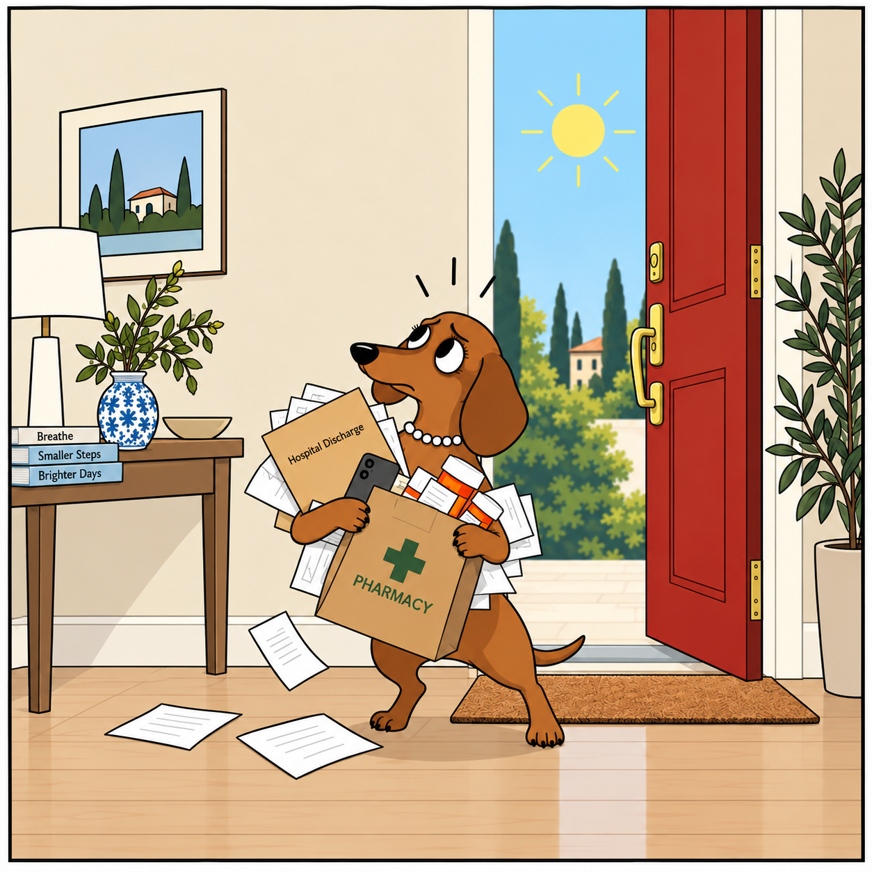 Mona arriving home with discharge papers, prescriptions, a phone and a pharmacy bag