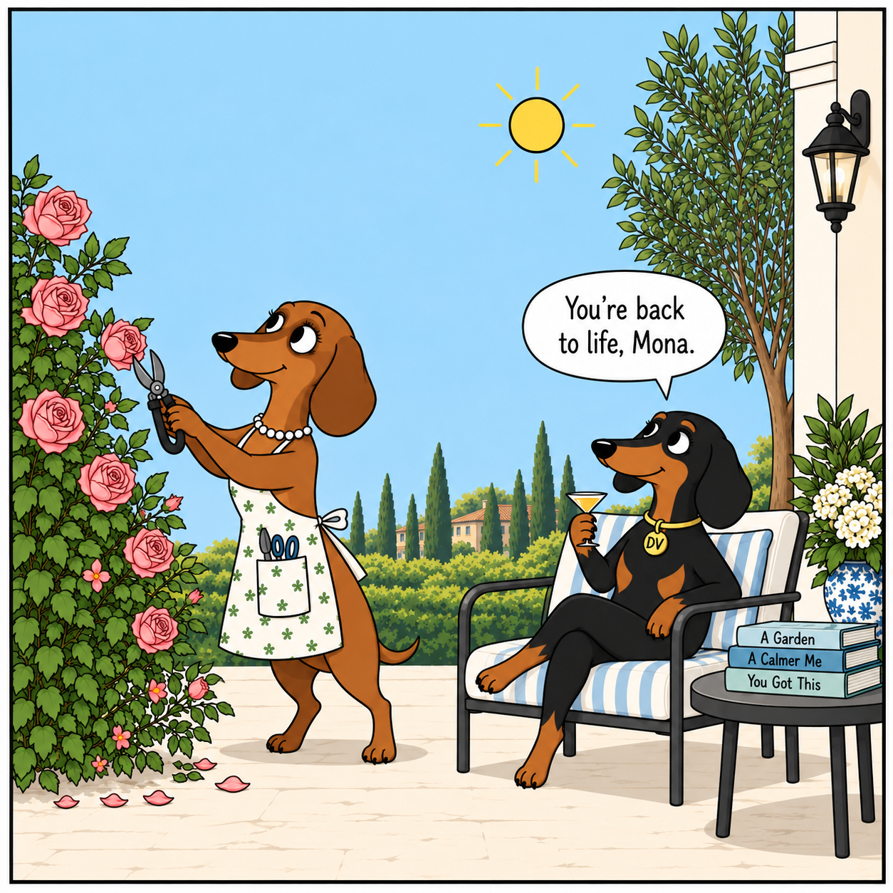 Mona tends roses on a sunlit porch while DaVinci rests nearby with tea