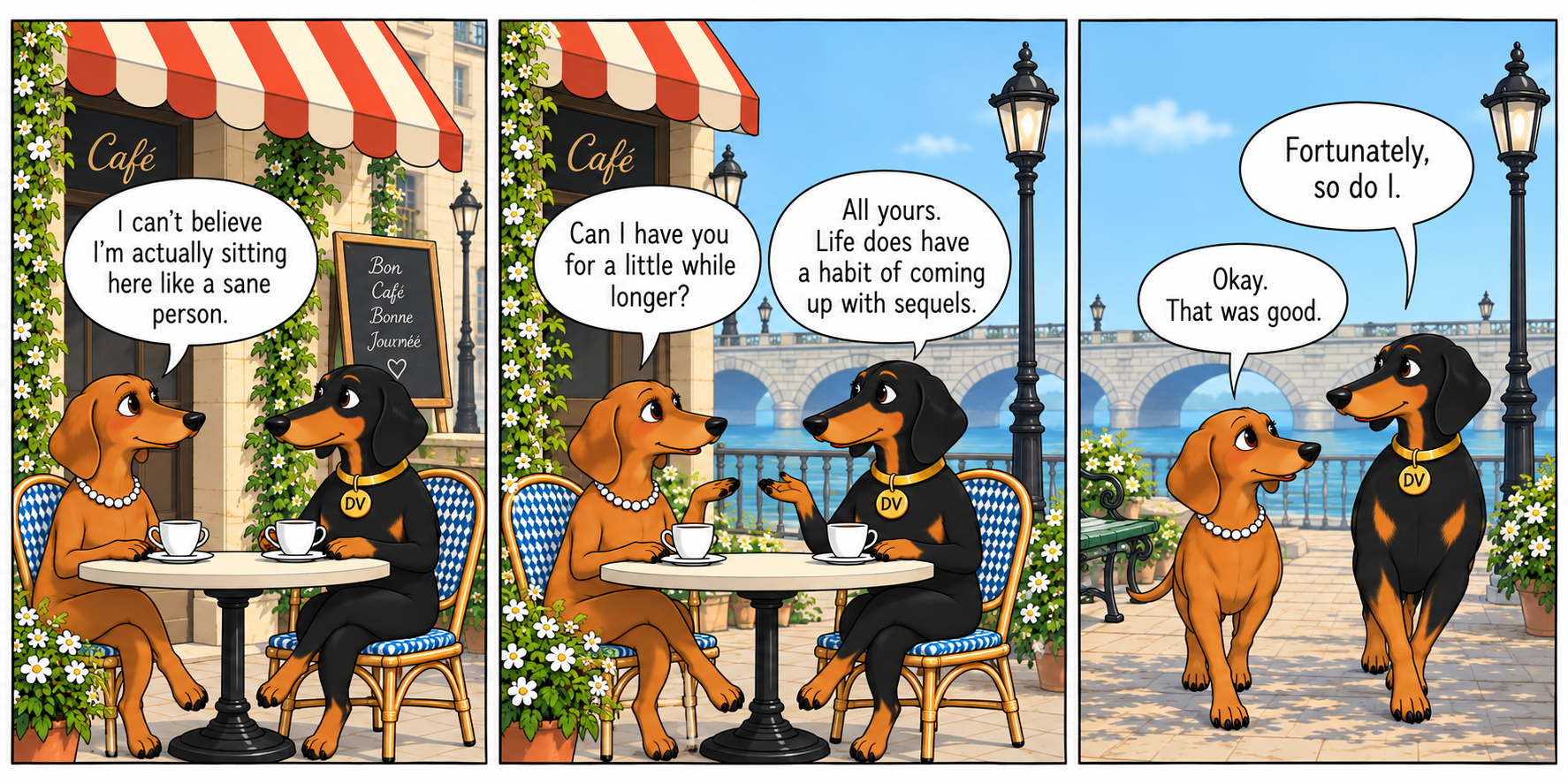 Mona and DaVinci at a café: Mona says she can't believe she's sitting here like a sane person, then asks if she can have him a little while longer. DaVinci answers that life has a habit of coming up with sequels — fortunately, so does he.